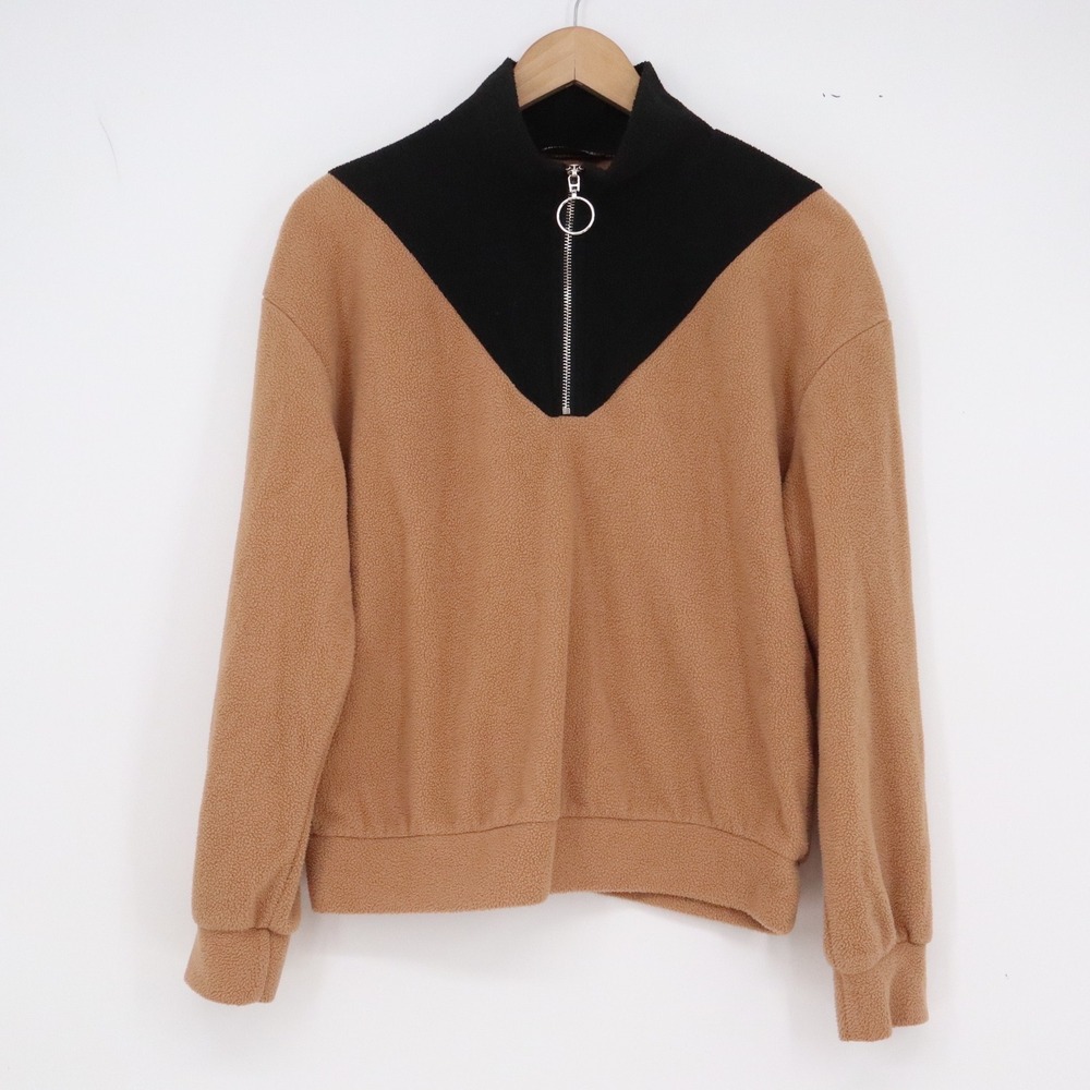 SHEIN Pullover Womens S Quarter-Zip Colorblock Tan Black Fleece Excellent
